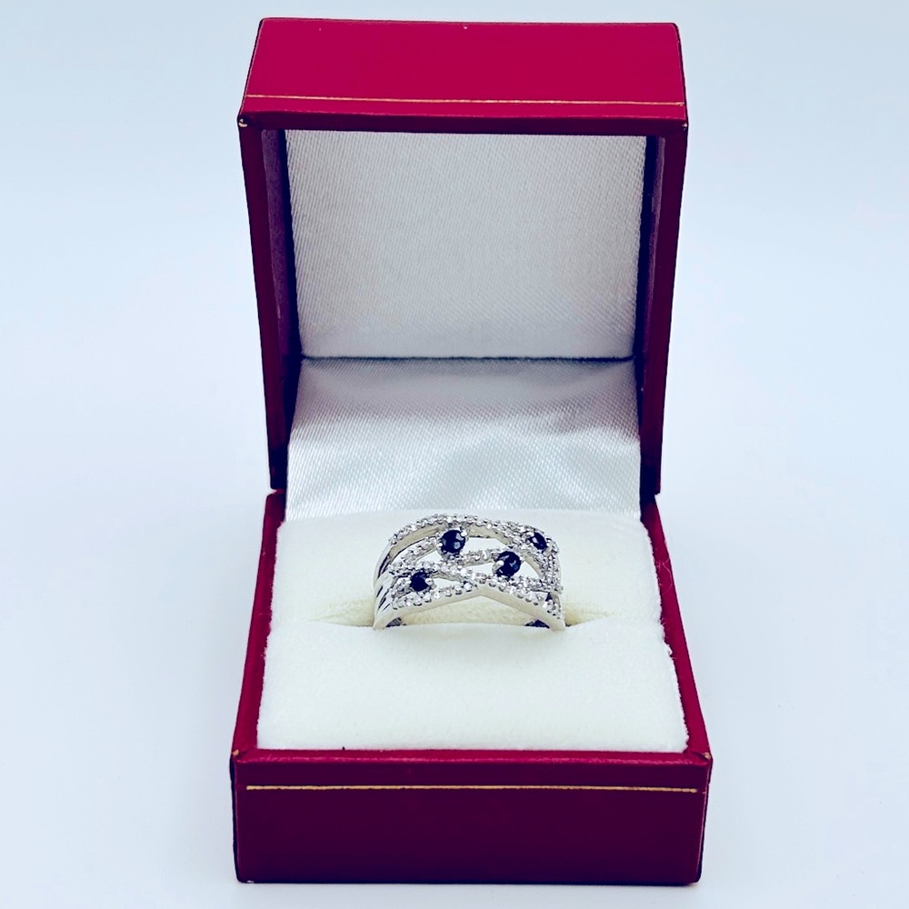 GENUINE Blue Sapphire and Diamond Ring; 14k W. Gold; Sz 6.5 New Rhodium Plating! - Picture 4 of 9